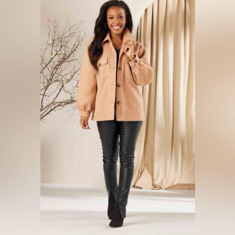 NWT Mudpie Tan Felt Shacket Button Down Oversized Relaxed Cozy Winter Size Small - Picture 5 of 12